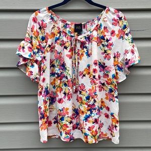 W5 Floral Print Chiffon Tie-Neck Blouse